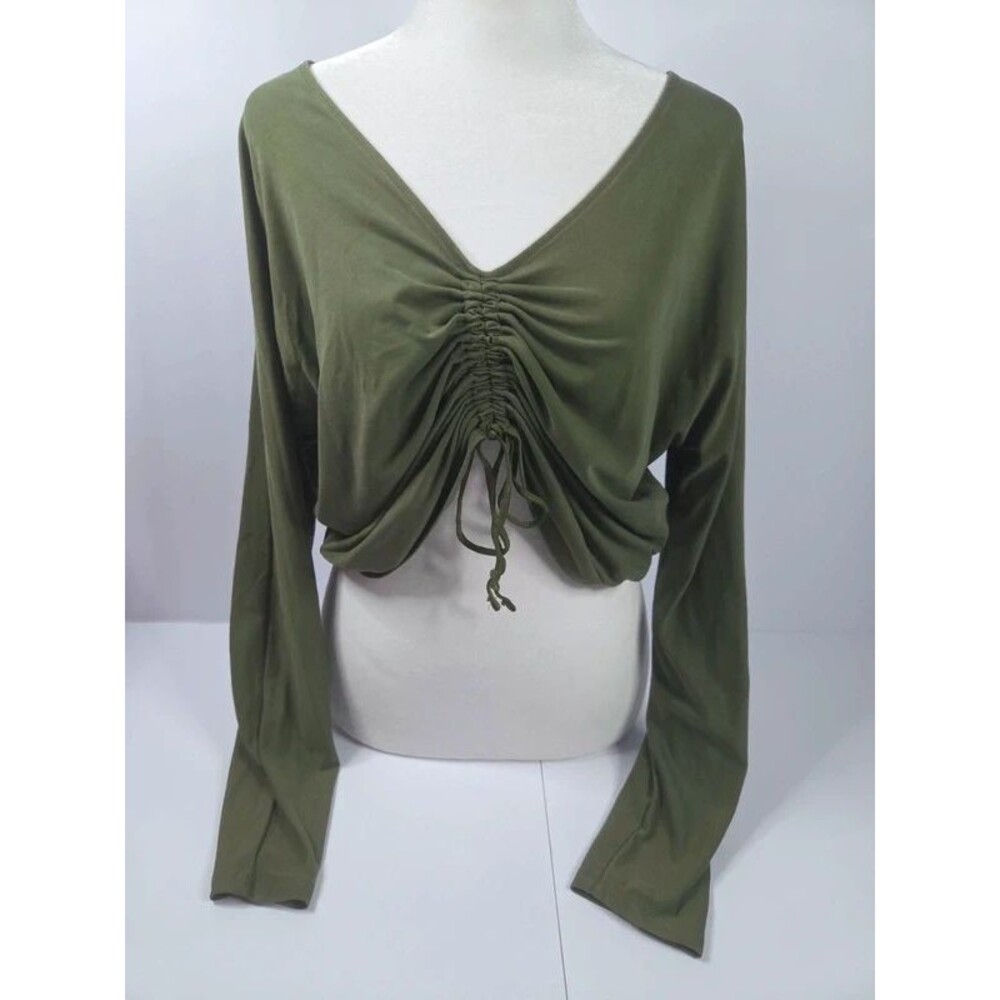 JoyLab Cinch Front Long Sleeve Crop Top Olive Green Drawstring Small